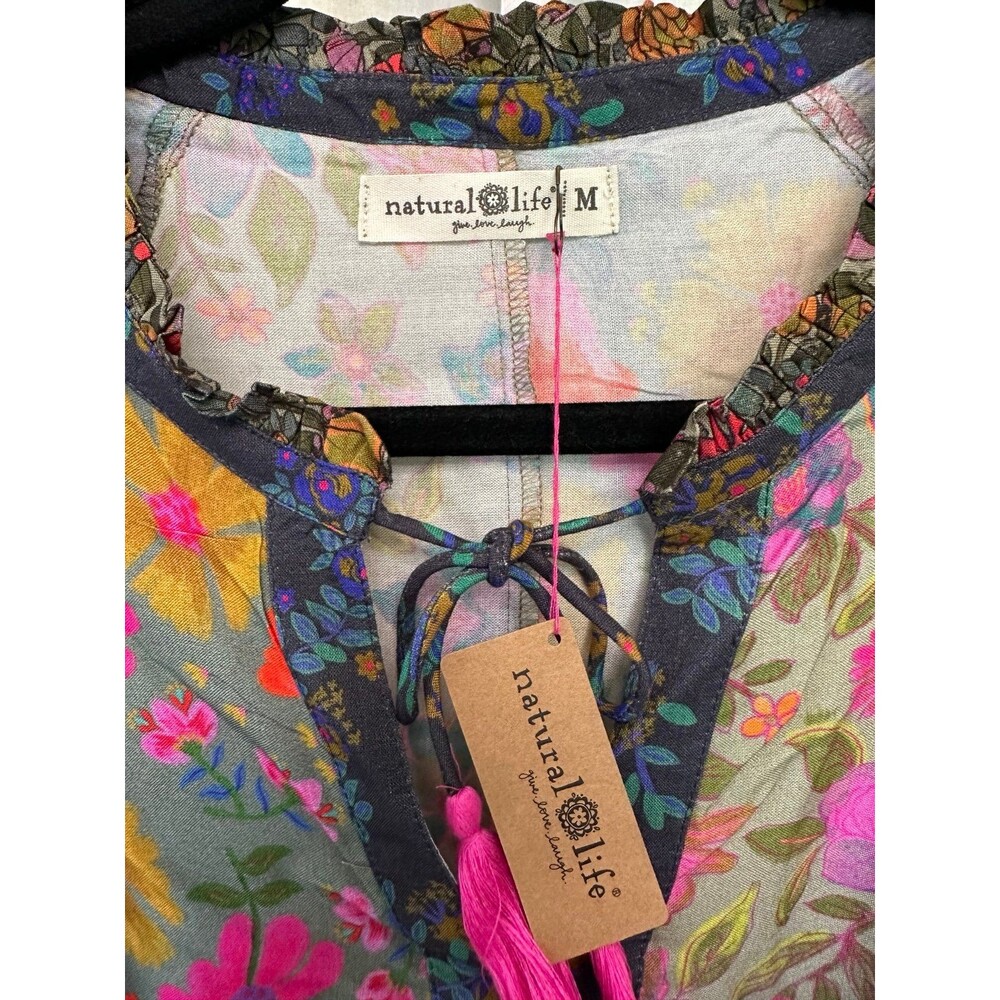 NWT Natural Life Drawn Garden Multi Floral Patchwork Tassel Tie Fallon Top M - Picture 6 of 7